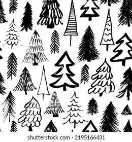 Seamless pattern with Christmas tree. Winter holidays background with hand drawn fir trees and pines. Black winter forest in childish, doodle or cartoon style. Vector rustic ink illustration.
