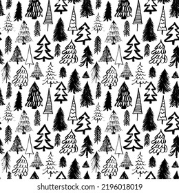 Seamless pattern with Christmas tree. Winter holidays background with hand drawn fir trees and pines. Black winter forest in childish, doodle or cartoon style. Vector rustic ink illustration.