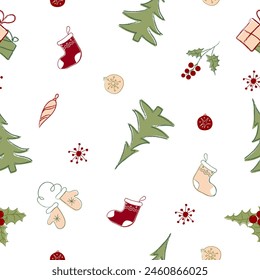 Seamless pattern with christmas tree,r ed gifts on white background. Design for fashion, fabric, textile, packaging paper.