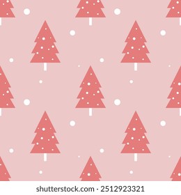 Seamless pattern of Christmas trees amidst falling snow in pink tones.