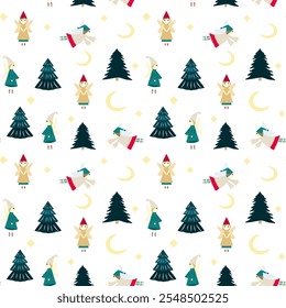 Seamless pattern with christmas trees, angels, crescents 