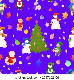 Patrón sin foco con árboles de navidad, bolas y personajes sobre fondo morado. Año Nuevo adorno con toros, hombres de nieve, gatos, corderos, conejos y pingüinos.
