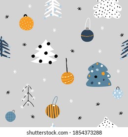 Seamless pattern with Christmas trees and balls. Holiday print. Vector hand drawn illustration.