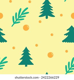 Seamless pattern. Christmas trees and balls. Green and yellow.