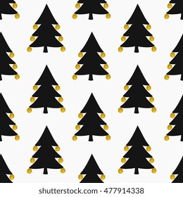 Seamless pattern with Christmas trees and baubles in black and gold on white background.
