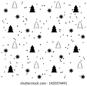 Seamless pattern with Christmas trees. Black and white background. Festive texture. Holiday xmas design for wrapping gifts or creating a Christmas cards, banners, advertising.