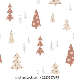 Seamless pattern with christmas trees in boho style. Flat new years trees in beige color.