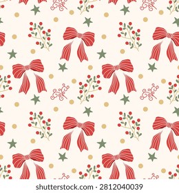 seamless pattern with christmas trees bow and ribbon