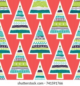 Seamless pattern of Christmas trees. Can be used on packaging paper, fabric, background for different images, etc. Freehand drawing