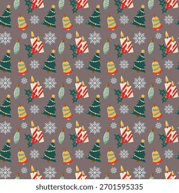 Patrón sin fisuras con árboles de Navidad, velas, adornos y copos de nieve. Vector de fondo de temporada acogedor. 