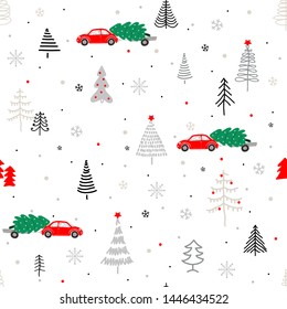 seamless pattern with Christmas trees and car. Winter xmas vector illustration
