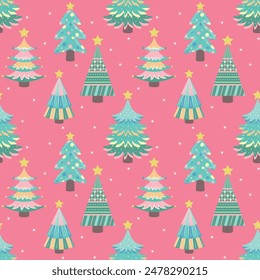 Seamless pattern with Christmas trees in cartoon style. Pink background. Perfect for clothing, home textile, fabric print, cover design, Christmas cards, greeting cards and wrapping paper design.