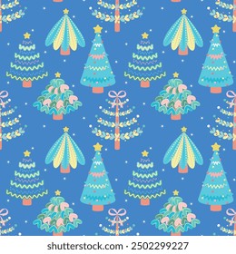 Seamless pattern with Christmas trees in cartoon style. Blue background. Perfect for kids design, decor textiles, fabric print, cover design, Christmas cards, wallpaper and wrapping paper design.