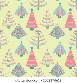 Seamless pattern with Christmas trees in cartoon style. Yellow background. Perfect for kids design, decor textiles, fabric print, cover design, Christmas cards, wallpaper and wrapping paper design.