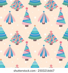 Seamless pattern with Christmas trees in cartoon style. Perfect for greeting card design, decor textiles, fabric print, cover design, Christmas cards, wallpaper and wrapping paper design.