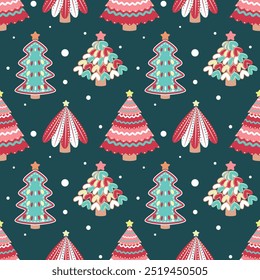 Seamless pattern with Christmas trees in cartoon style. Dark background. Perfect for greeting card design, decor textiles, fabric prints, cover design, Christmas cards and wrapping paper design.