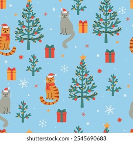 Seamless pattern with Christmas trees and cats in Santa hats. Vector graphics.