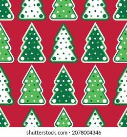 Seamless pattern with christmas trees. Colorful xmas trees on red background with dots. Cute wrapper paper, wallpapers, textile prints. Vector illustration
