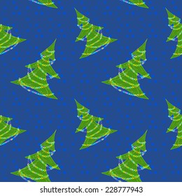 Seamless pattern with Christmas trees and colorful garlands on a dark blue background. Vector eps 10.