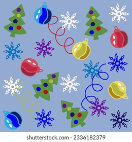 A seamless pattern with christmas trees, colorful snowflakes,  christmas balls and serpentine.