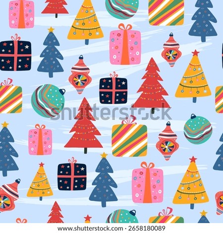 Seamless pattern with Christmas trees and colorful gift boxes for festive wrapping paper. Holiday background for greeting card.