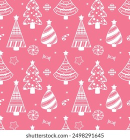 Seamless pattern with Christmas trees and cookies in cartoon style. Perfect for kids design, decor textiles, fabric print, cover design, Christmas cards, greeting cards and wrapping paper design.