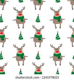 Seamless pattern with Christmas trees and cute deers. Vector illustration.