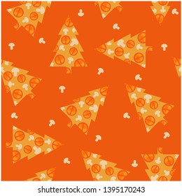 Seamless pattern with christmas trees, decorated by pizza ingredients. Flat vector illustration for prints of Italian pizza cuisine, decoration and design of finished food, dish and ingredients, web.