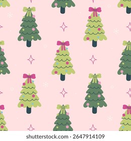 Seamless pattern with Christmas trees decorated with bows. Vector graphics.