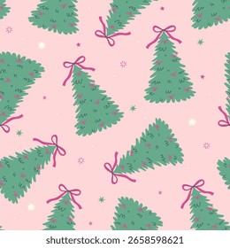 Patrón sin fisuras con árboles de Navidad decorados con arcos. Gráficos de Vector.