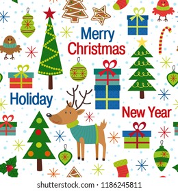 seamless pattern with christmas trees and decorations - vector illustration, eps