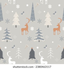 Patrón sin foco con árboles de Navidad, ciervos y copos de nieve. Ilustración del vector