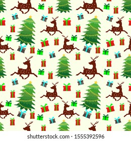 Seamless pattern with Christmas trees, deers and gifts box.