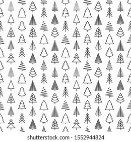 Seamless pattern with Christmas trees in different shapes. Minimalistic simple thin line icons. Vector illustration for greeting card, Christmas and New Year decoration.