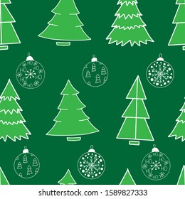 Seamless pattern with Christmas trees of different shapes in light green on a dark green background. Linear christmas balls between Christmas trees with different ornaments. Vector illustration
