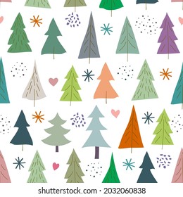 Seamless pattern of Christmas trees in different shapes and designs. Festive background in the Scandinavian style. Christmas minimalist print for paper, gifts, poster, postcard, packaging, fabric
