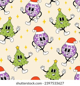 Seamless pattern with christmas trees and disco balls in santa hat. Holiday vector background. Retro groovy characters