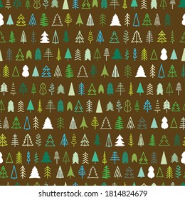 Seamless pattern. Christmas trees are diverse in a Scandinavian minimalistic style. Christmas packaging vector on brown background.