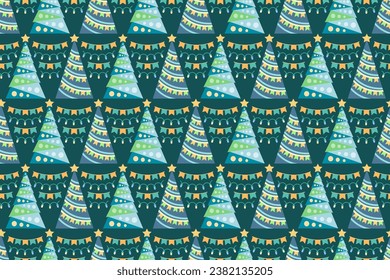 Seamless pattern with Christmas trees, endless repeating New Year event colorful pattern with decorative, stylized Christmas trees.