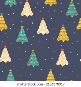 Seamless pattern of Christmas trees and falling snow. Vector illustration.