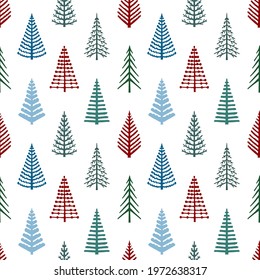 Seamless pattern of Christmas trees or firs. Design elements for the winter season in a simple vintage Scandinavian style. Isolated vector doodle objects on white background