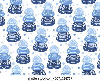 Patrón sin foco con árboles de Navidad en el bosque. Blue Abstract Fondo geométrico con abetos blancos y nieve para textil de Año Nuevo y Navidad, papel envolvente, papel tapiz. Ilustración vectorial.
