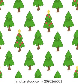 Seamless pattern with Christmas trees and garlands on a white background. Vector illustration in minimalistic flat style, hand-drawn. Christmas minimalist print for textiles, print design, postcards.