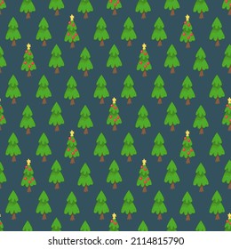 Seamless pattern with Christmas trees and garlands on a dark background. Vector illustration in minimalistic flat style, hand-drawn. Christmas minimalist print for textile, print design, postcards