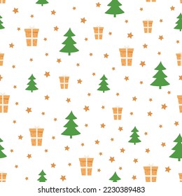 Patrón sin foco con árboles de navidad y cajas de regalo. Estilo plano. Ilustración vectorial de Navidad en colores verde y amarillo