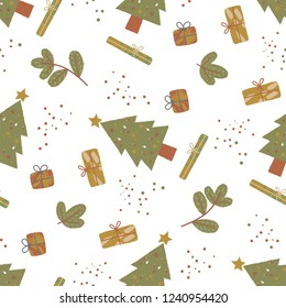 Seamless pattern with Christmas trees and gifts. Vector illustration. Decorative wallpaper design, print. Happy New Year. Winter season