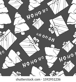 Seamless pattern. Christmas trees, gifts and hohoho inscription on a gray background. Doodle style. Vector. Decor element for wallpaper, fabric, covers, wrapping paper.
