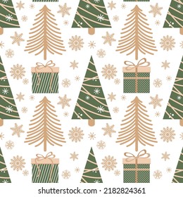 Seamless pattern with Christmas trees, gifts with bows, snowflakes in a modern simple style. Green, beige and craft colors, vector New Year illustration. Square repeating pattern on transparent backg.