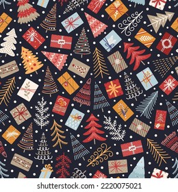 Seamless pattern with Christmas trees, gifts and snow. Winter festive background with traditional holiday symbols. New Year vector illustration