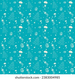 Seamless pattern for Christmas with Christmas trees and glass toys. Pattern with a blue background and white elements. Mushroom, Christmas tree toy, candle.